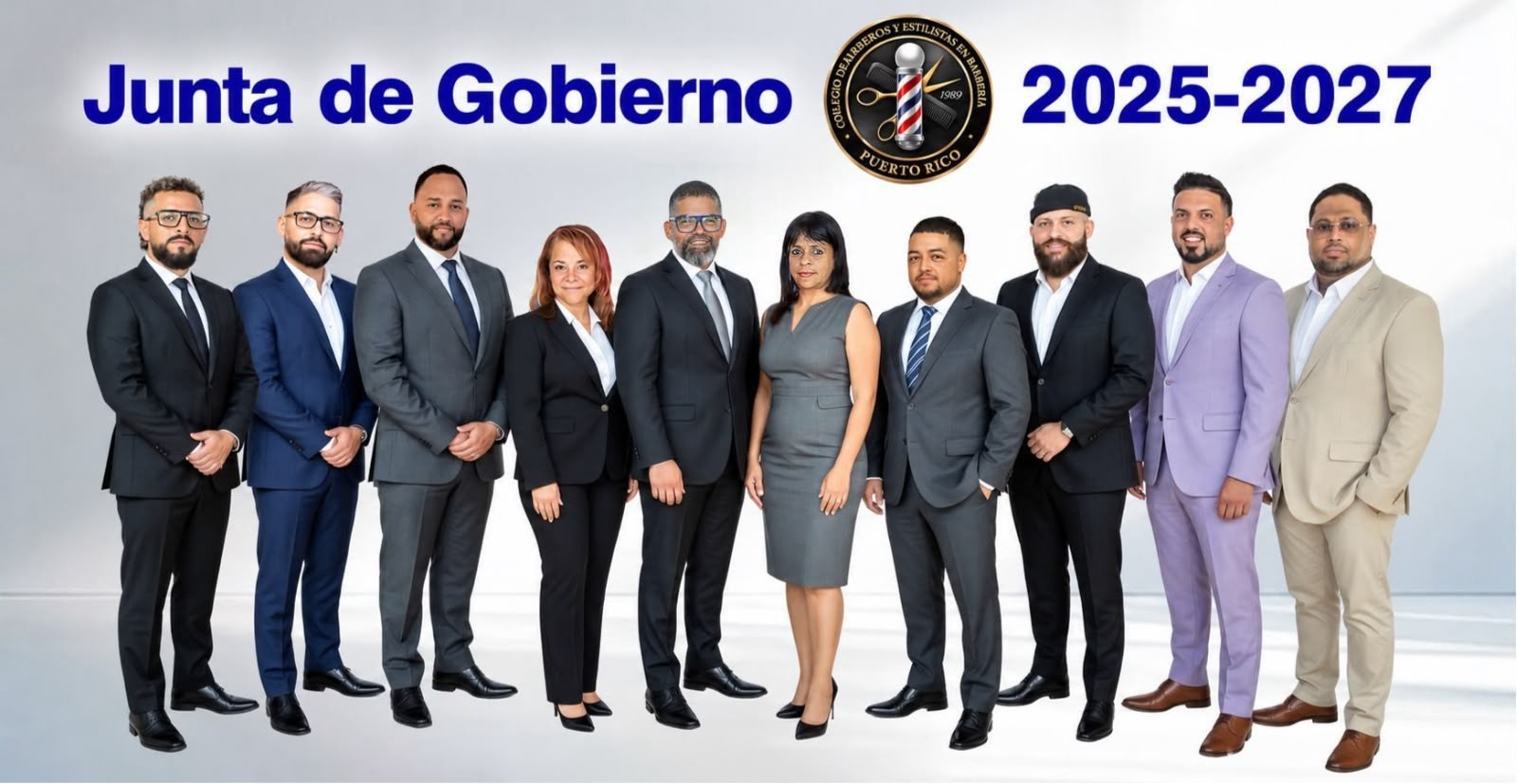 Foto grupal de la Junta de Gobierno 2025-2027 del Colegio de Barberos y Estilistas en Barbería de Puerto Rico
