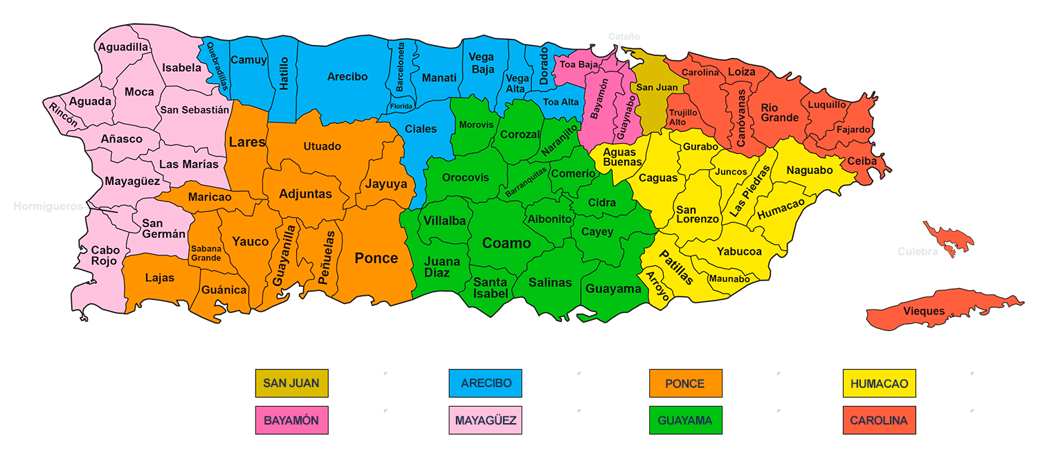 Mapa de las regiones del Colegio de Barberos y Estilistas en Barbería de Puerto Rico